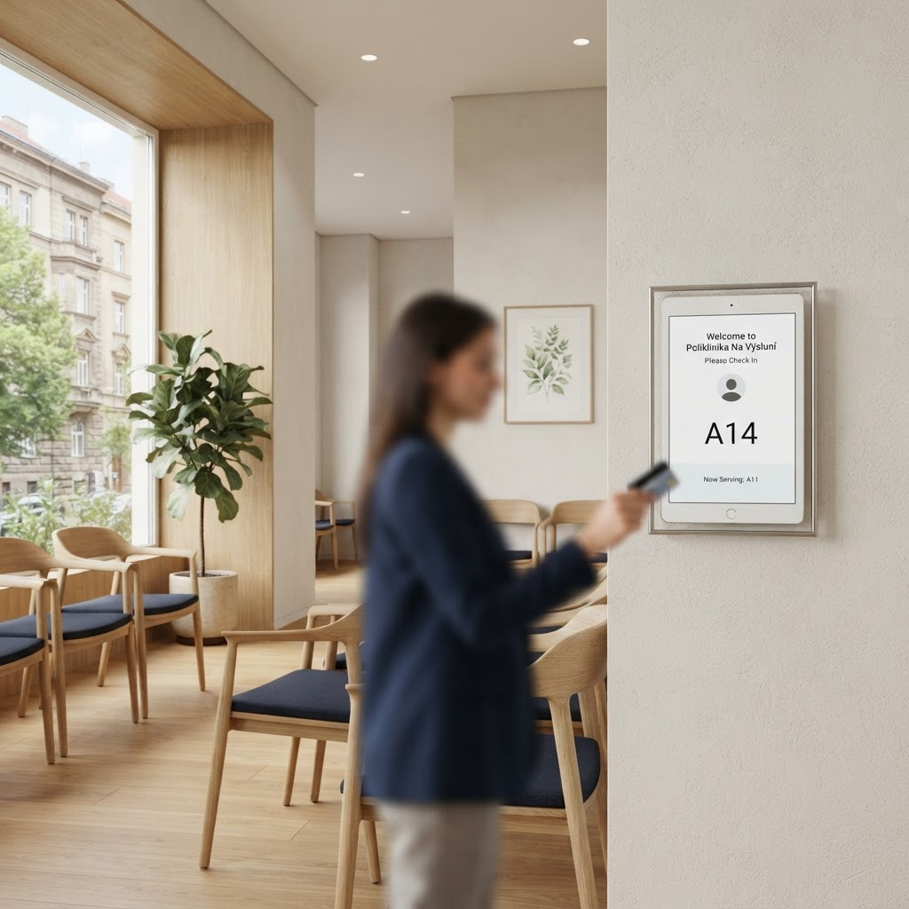 Moderní čekárna s tabletem MediKSERVIS připevněným na stěně